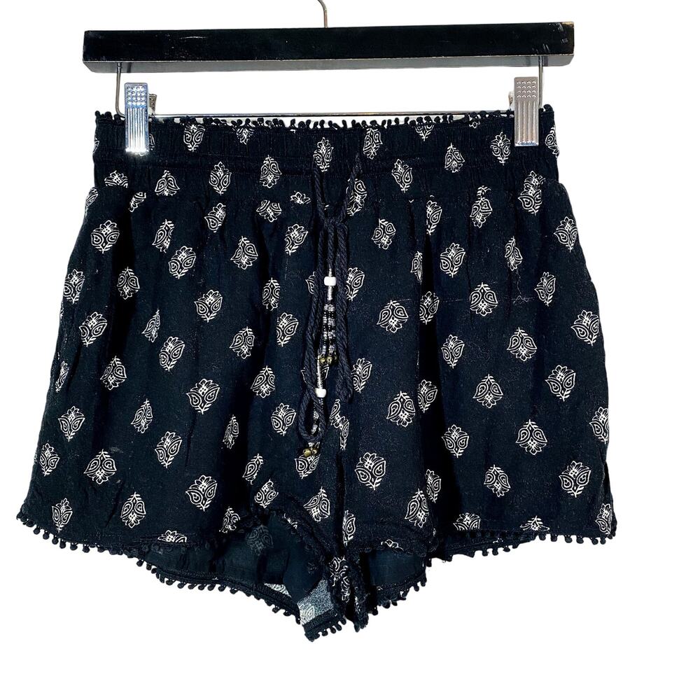 House of Harlow Elastic Waist Shorts Beaded Drawstring Black White - S